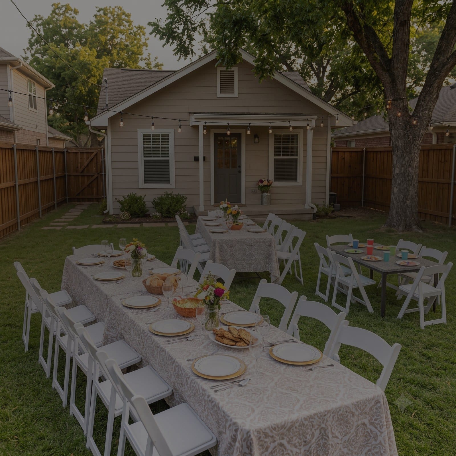 Elegant dinner table setup with rented tables and chairs